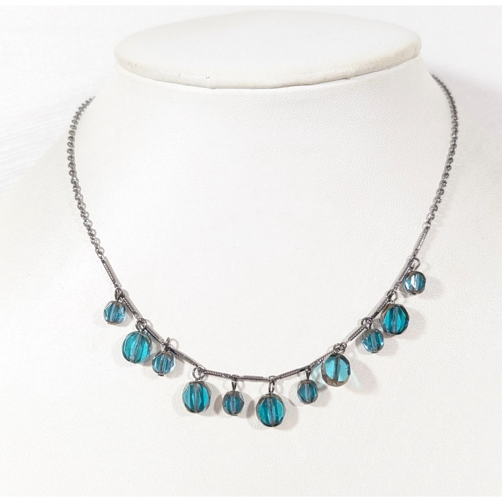 Antiqued Silver Tone Teal Glass Disc‎ Dangle Necklace Boho 17"